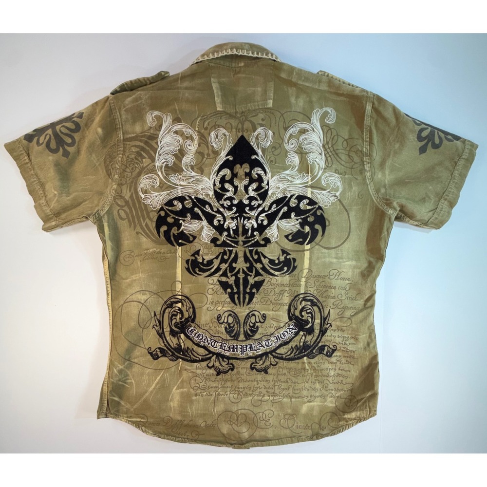 Etza Mens Medium Olive Green Distressed Fleur De Lis Y2K Studded Button Up Shirt
